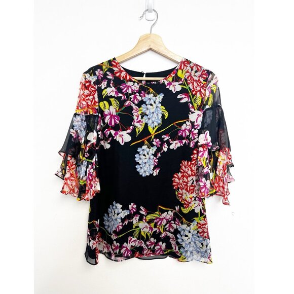 Josie Natori Women Black Multicolor Floral Silk 3/4 Sleeve Blouse Top Sz M - Picture 2 of 12